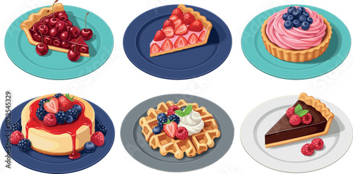 Flat Vector Illustration of Gourmet Desserts Featuring Fruit Tarts Cheesecake Waffles and Pie Slices on Plates