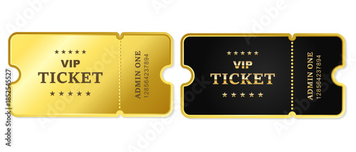 Golden and black VIP ticket templates. Elegant vector illustration for concerts, movies, and premium events. Luxury design with stars and numbers, isolated on white background.