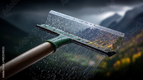 Window Squeegee with Water Droplets and Rain Falling Against a Moody Mountain Landscape - Cleaning Concept