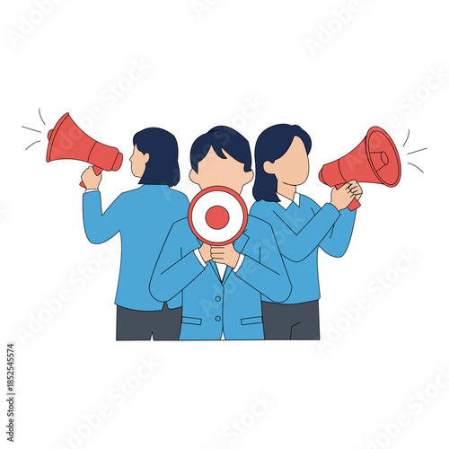 Team of business professionals communicating and making announcements with megaphones, symbolizing marketing, outreach, and effective public relations
