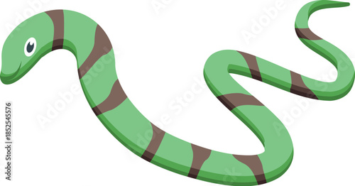 Isometric icon of a green snake slithering, featuring brown stripes on its body