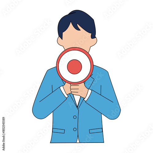 Businessman holding a red and white circular sign in front of his face, obscuring his identity