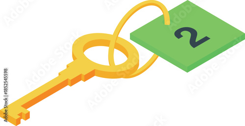 Golden key with green number two label representing security, access control, and organization in isometric view