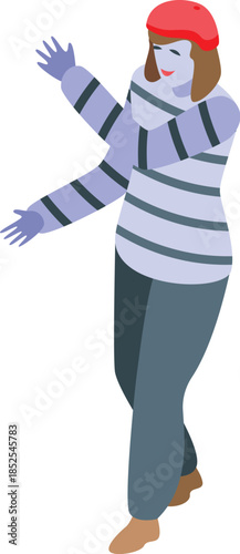 Female mime artist wearing a red beret and striped shirt, engaging in a silent performance using expressive hand gestures