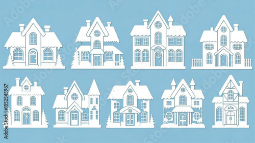 Winter Snowy Houses Silhouette Set, Cozy Christmas Village Clipart on Light Blue Background