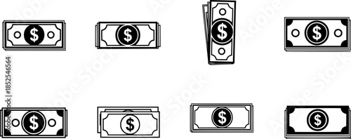 Silhouette of dollar bills in various orientations black and white image