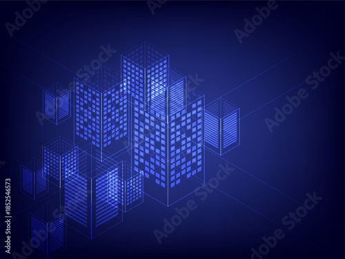 Futuristic isometric vector smart city skyline with glowing blue buildings on a dark background, ideal for technology, real estate, architecture, urban development concepts.