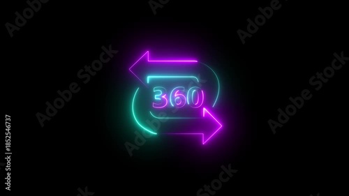 Glowing Neon 360 degree sign animation icon on black background. rotation icon with arrow futuristic technology concept. 360 degree rotate view icon animation. 4k video animation