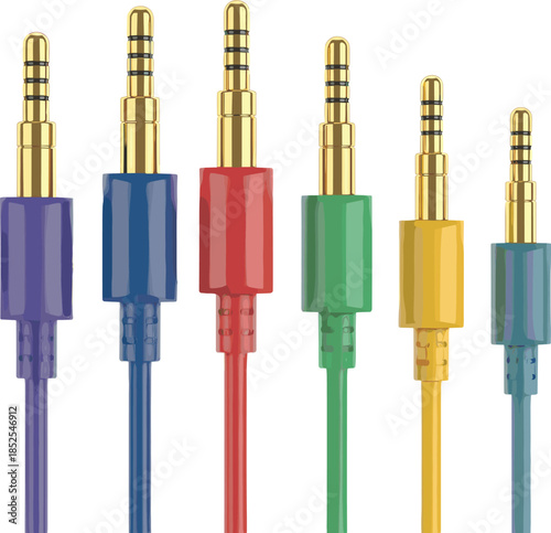 Colorful audio jack connectors isolated on white background, gold plated 3.5mm headphone plugs for sound and music equipment