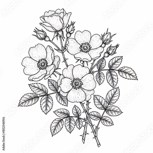 Hand-drawn wild rose botanical illustration with thorns and leaves, vintage floral engraving style in black and white.