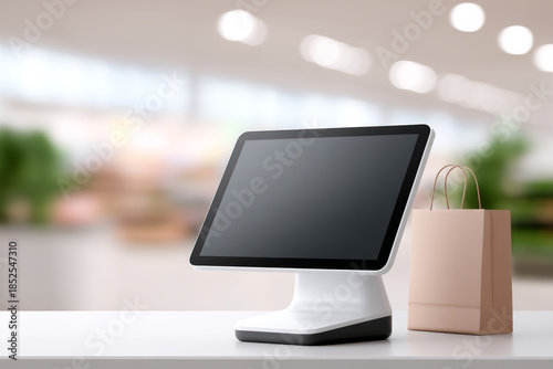 Digital shopping cart screen sits on counter, looking modern and efficient