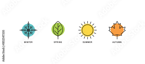 Four seasons icons, signs, symbols. Winter spring summer fall. Snowflake, leaf, sun, autumn leaf. Line art