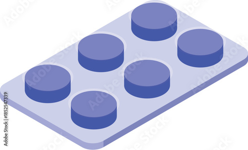 Purple pills inside a blister pack shown in isometric view, representing medical treatment, healthcare, and pharmaceutical products