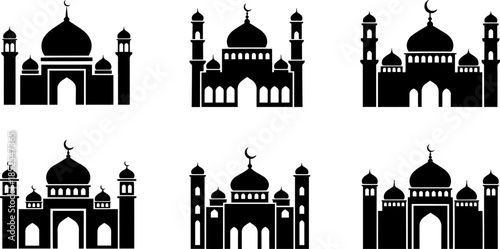 Silhouette of six mosques with domes and minarets in black and white