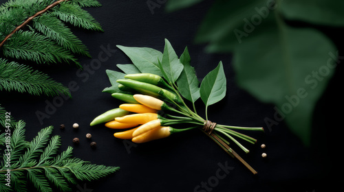 Green chili and yellow chilies tied, presents natural, fresh bounty