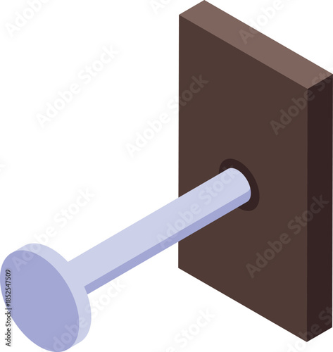 Isometric view of a dowel entering a wooden board, illustrating a key step in furniture assembly or other woodworking projects