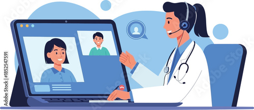 Doctor consulting patients online via video call on laptop.