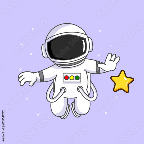 Cute Astronaut Floating in Space Reaching for a Golden Star Vector Illustration Cartoon Design