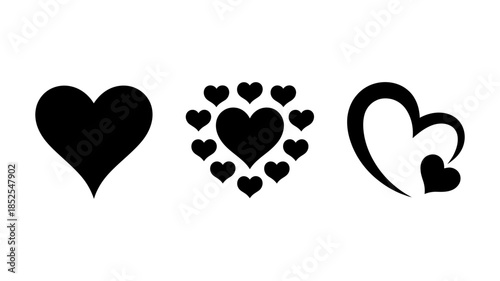 A collection of three distinct heart designs in black and white