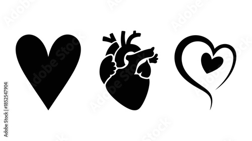 Collection of three black heart icons representing love and anatomy