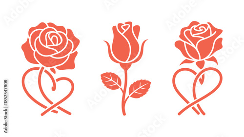 Three stylized roses with heart stems in a coral hue