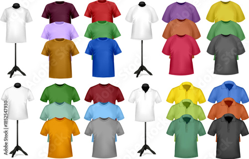 Assorted mens t shirts and polo shirts on display apparel
