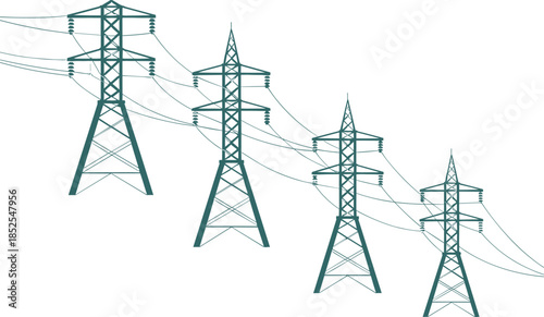 Electric power transmission towers illustration, high voltage pylons with overhead cables, energy grid infrastructure, industrial electricity distribution system