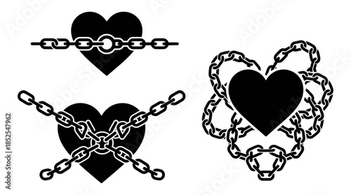 Black hearts chained and bound by metal links.