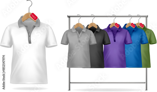 Collection of Polo Shirts on Hangers with Sale Tags