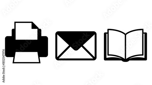 Printer, envelope, and open book icons