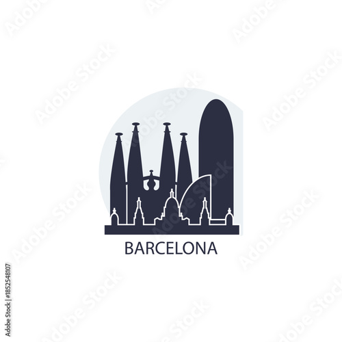 Barcelona logo with cityscape, skyline, city panorama. Vector flat modern icon. Spain emblem contour with cathedral, landmarks and buildings