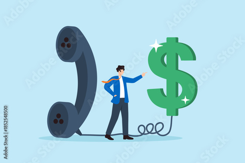 Flat illustration of businessman connecting phone call to dollar sign symbolizing business negotiation and sales communication