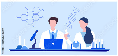 Professional scientists, doctors and chemical researchers working and analysis in laboratory experiment vector Illustration. Medical laboratory, research experiment biology molecular concept.	
Categor