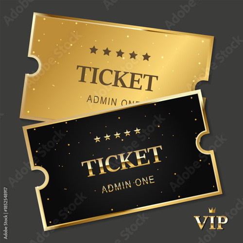 Two elegant gold and black VIP tickets with golden sparkles. Luxury vector template for premium events, concerts, and cinema. Perfect for exclusive access and celebration invitation.