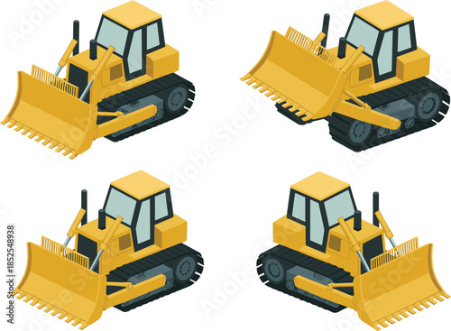 Isometric bulldozer illustration set, construction heavy equipment, crawler tractor with blade, industrial machinery, earthmoving vehicle, flat vector design