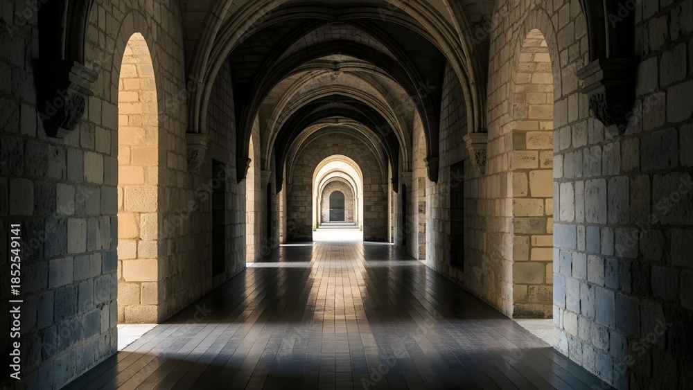 Fototapeta premium A serene and historic arched hallway with natural light