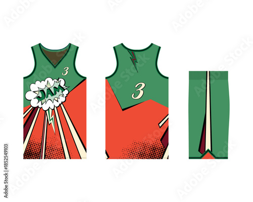 Mockup of a basketball uniform for a sports club. Template jersey design front view, back view and side view. Vector illustration.