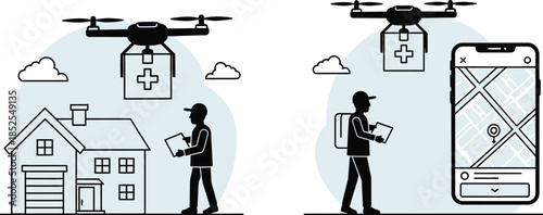 Drone delivering medical supplies to a person with a smartphone tracking the delivery.