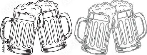 Four beer mugs with foam on white background