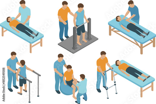 Isometric physical therapy rehabilitation set with patient exercises, physiotherapist assistance, medical recovery treatment illustrations isolated