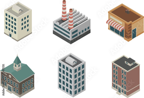 Isometric city buildings set including residential, industrial, commercial, office, and public architecture illustrations isolated