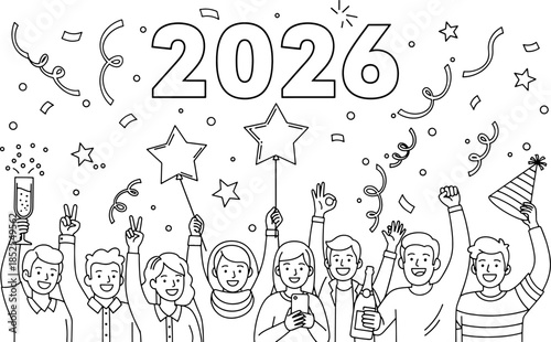 Crowd of People Celebrating New Year 2026 with Confetti and Streamers