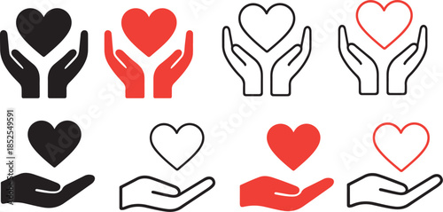 Hands Holding Heart Icons Set  Love & Healthcare Support Vector Illustration