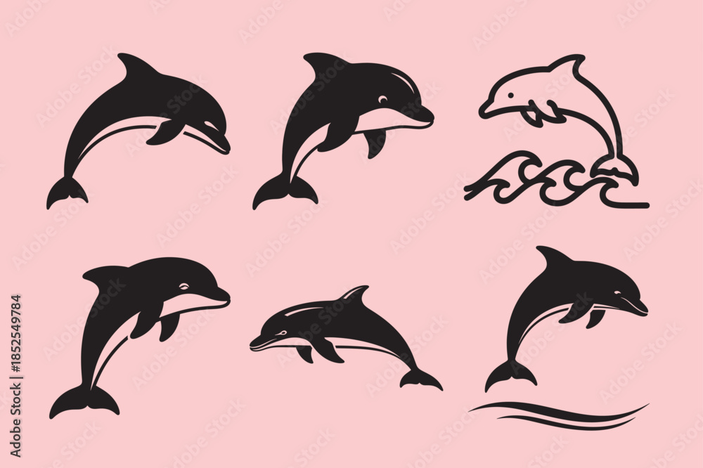Obraz premium Six different dolphin silhouettes silhouettes vector.