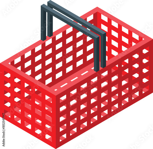 Empty red plastic shopping basket with gray metal handle, isometric view, ideal for e commerce and retail themes