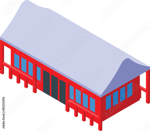 Red bungalow with canopy roof and blue windows, creating a welcoming vacation vibe