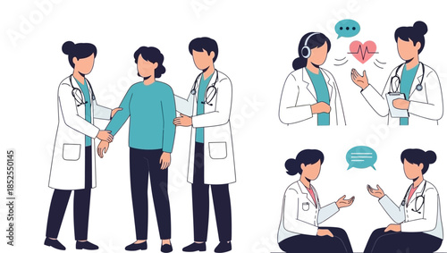 Medical professionals consulting with patients in various scenarios.