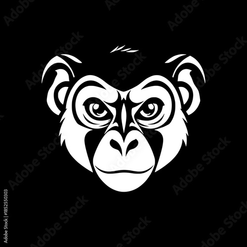 Stylized black-and-white illustration of a monkey face, front-facing and perfectly symmetrical, with large rounded ears that are slightly inclined upwards, intense eyes that are deeply expressive with