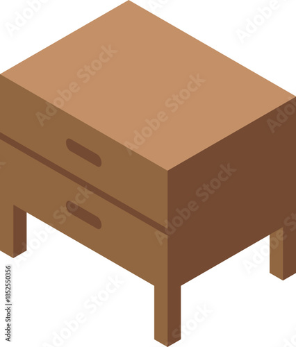 Isometric view of a simple and functional wooden nightstand featuring two drawers, perfect for storing bedside essentials