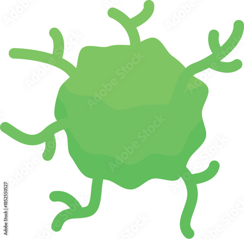 Microscopic view of a green virus or bacteria growing and spreading tentacles, representing infection and disease